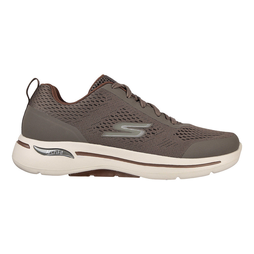 Side view on white background of Mens Skechers Go Walk Arch Fit - Idyllic running shoe in Taupe, Extra Wide width