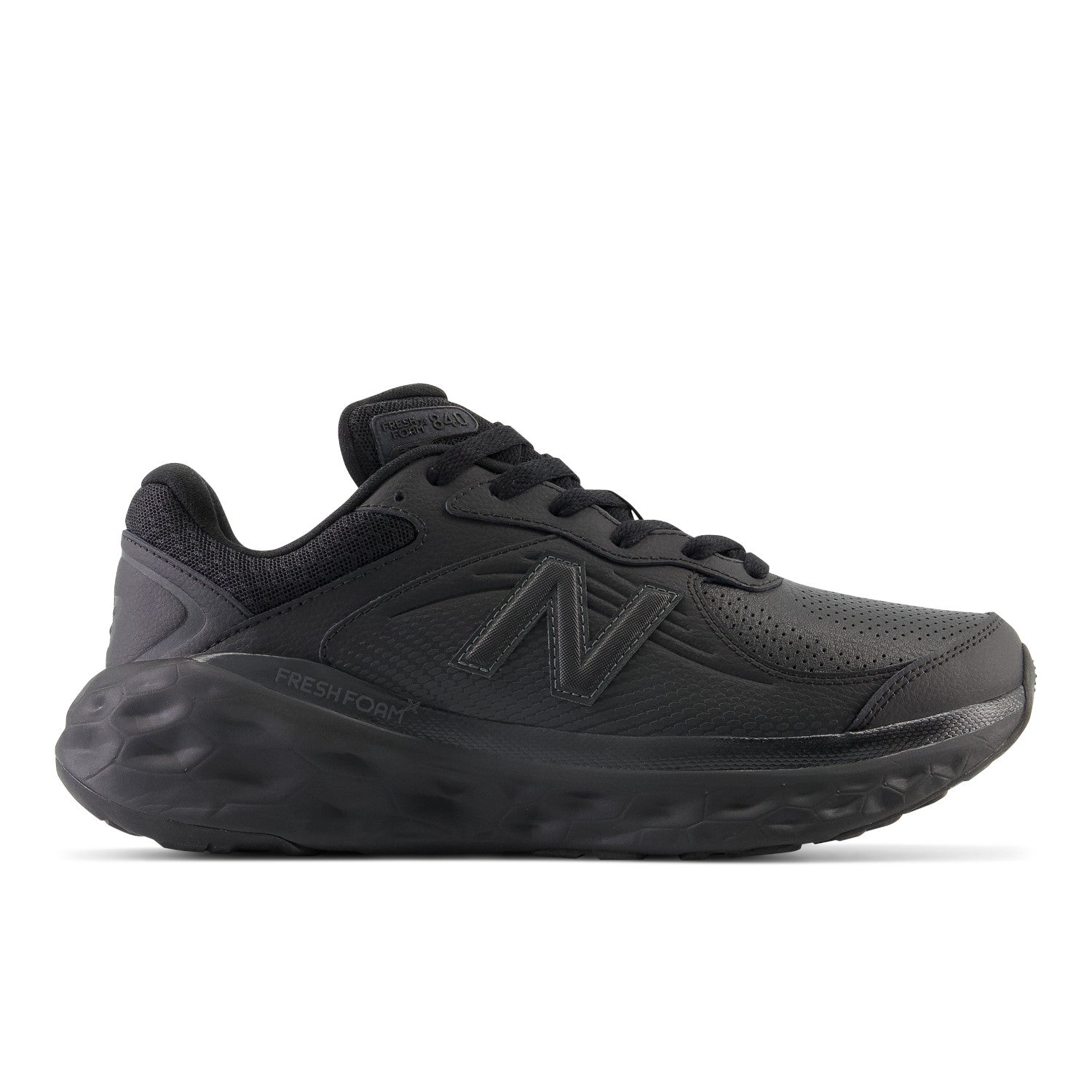 Side view on white background of Mens New Balance Fresh Foam X 840v1 running shoe in Black/Black/Blacktop, Medium (Regular) width