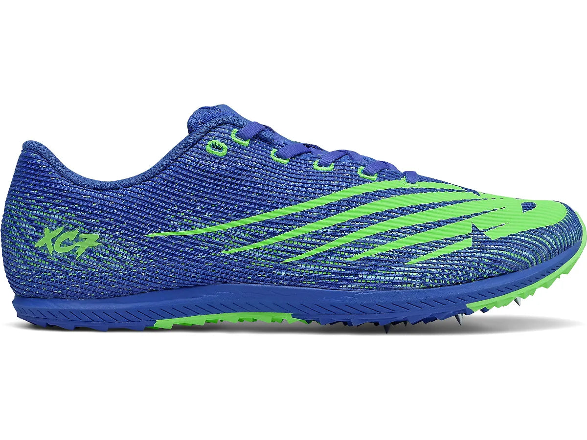 Side view on white background of Mens New Balance XC Seven V3 running shoe in Cobalt/Lime Green, Medium (Regular) width