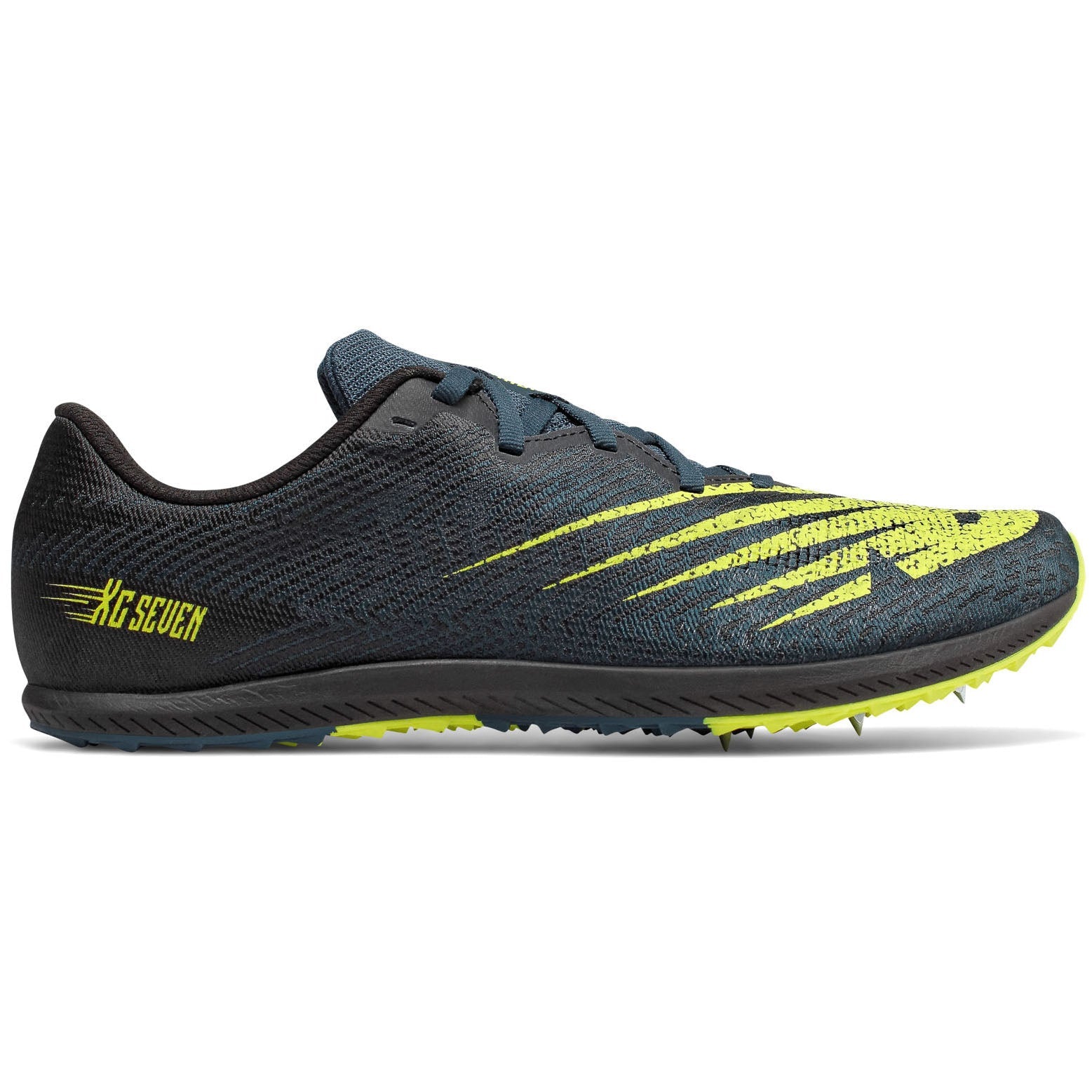 Side view on white background of Mens New Balance XC Seven V2 running shoe in Supercell/Sulphur Yellow, Medium (Regular) width