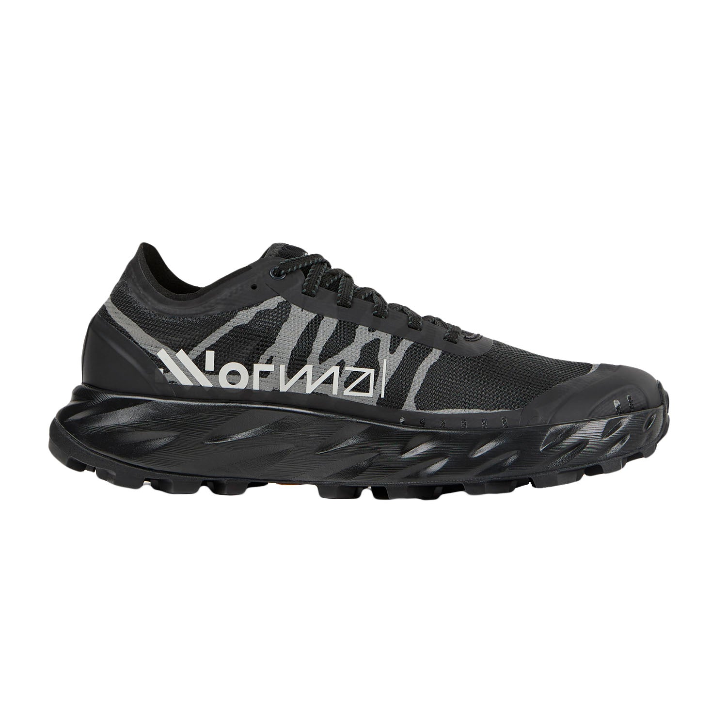 Side view on white background of Womens Nnormal Kjerag Brut running shoe in Black, Medium (Regular) width