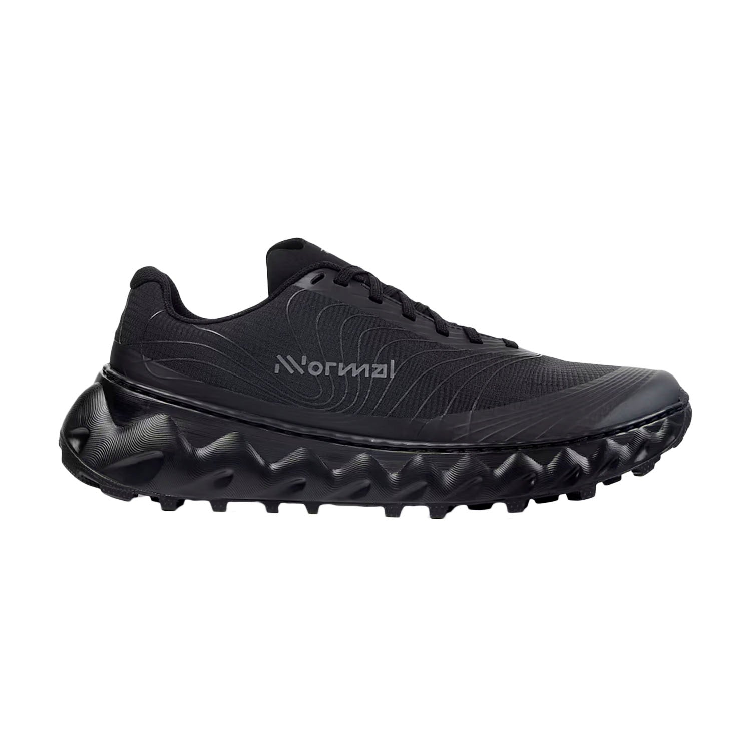 Side view on white background of Mens Nnormal Tomir 02 running shoe in Black, Medium (Regular) width