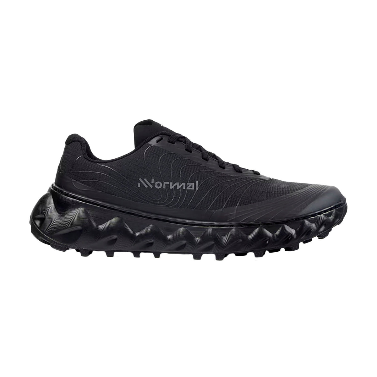 Side view on white background of Mens Nnormal Tomir 02 running shoe in Black, Medium (Regular) width