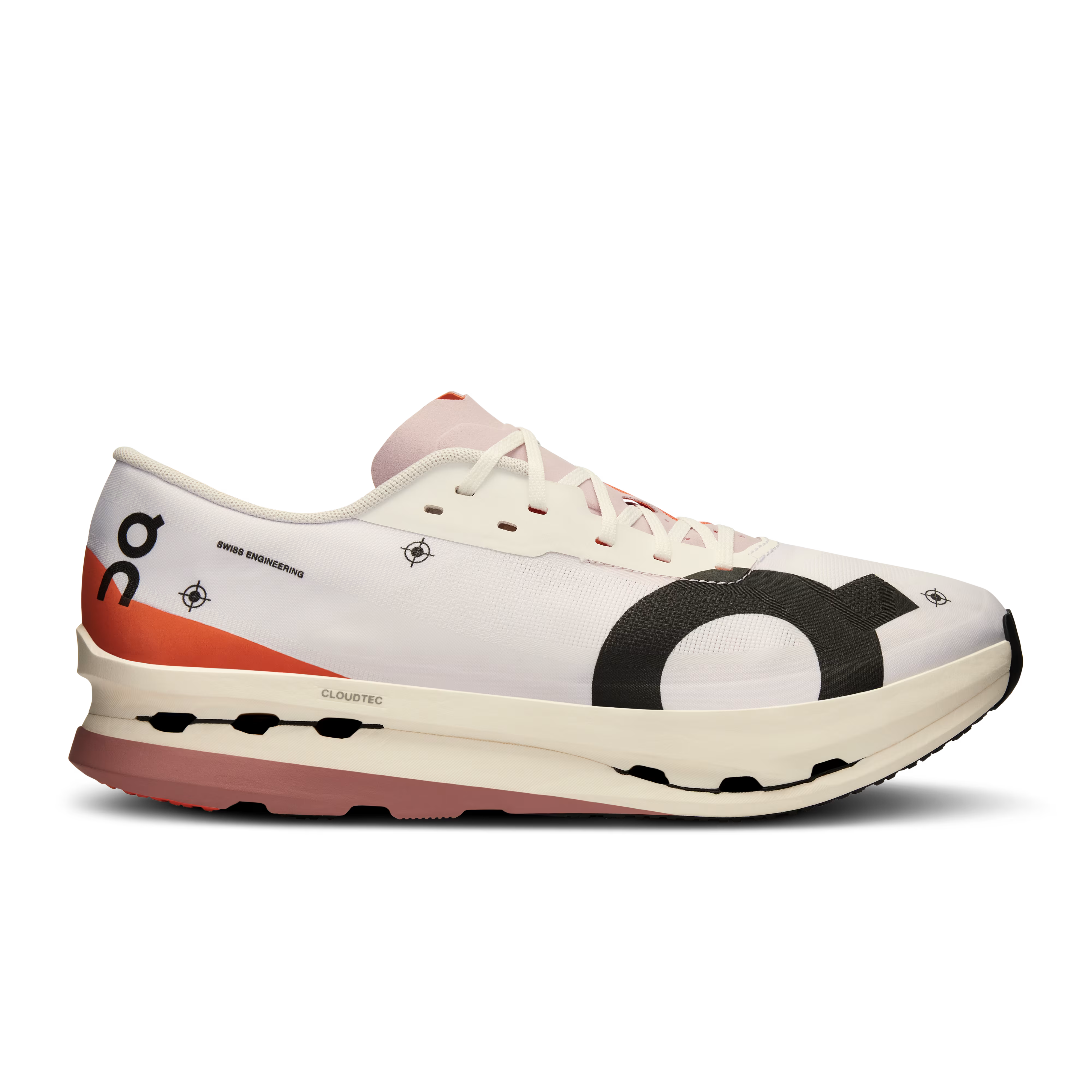 Side view on white background of Mens On Cloudboom Echo 3 running shoe in White/Flame, Medium (Regular) width