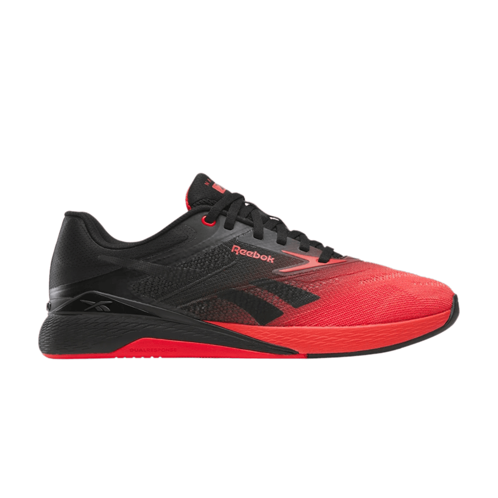 Side view on white background of Mens Reebok Nano X5 running shoe in Black/Energy Red, Medium (Regular) width