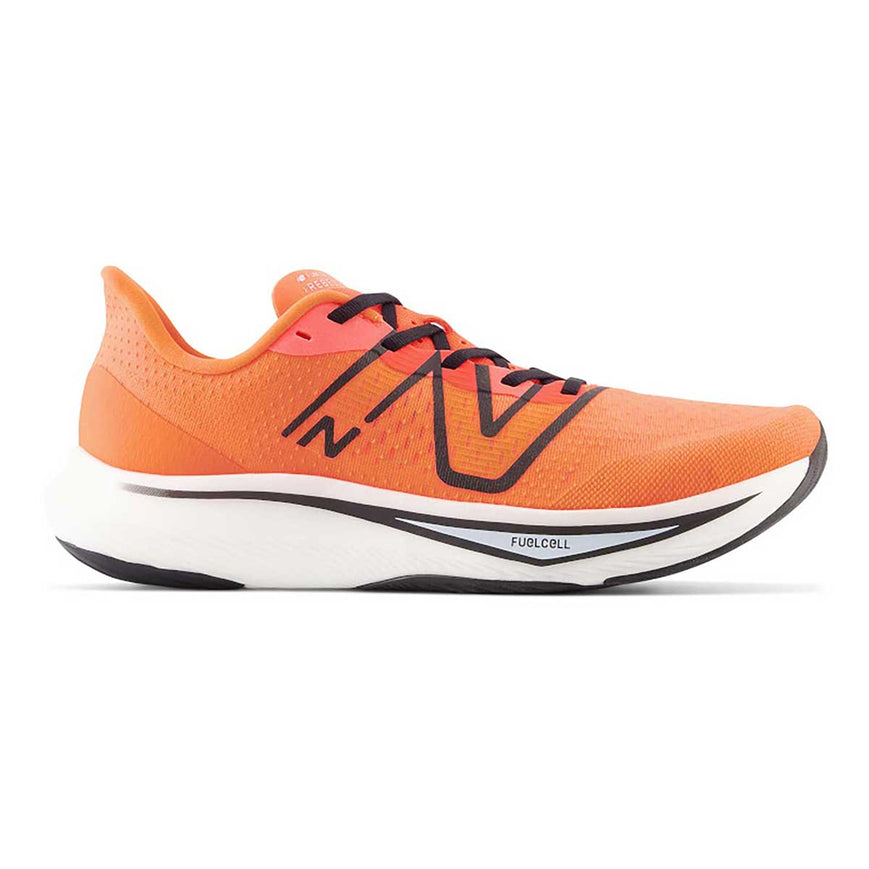 Side view on white background of Mens New Balance FuelCell Rebel v3 running shoe in Neon Dragonfly/Black, Medium (Regular) width