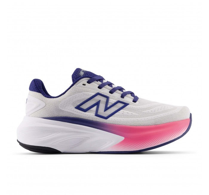 Side view on white background of Womens New Balance Fresh Foam X More v6 running shoe in Reflection/Blue Oyster/Pink Heat, Medium (Regular) width