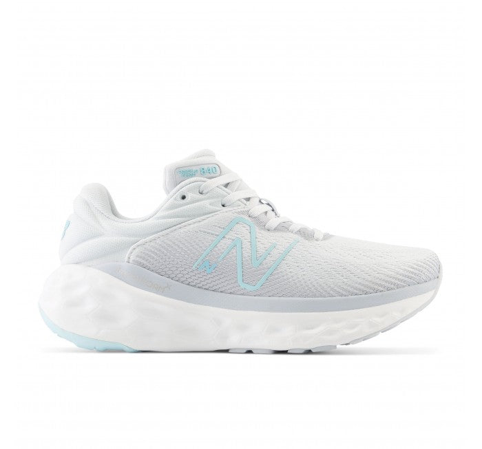 Side view on white background of Womens New Balance Fresh Foam X 840v1 running shoe in Quartz Grey/Virtual Blue/Bright Cyan, Wide width