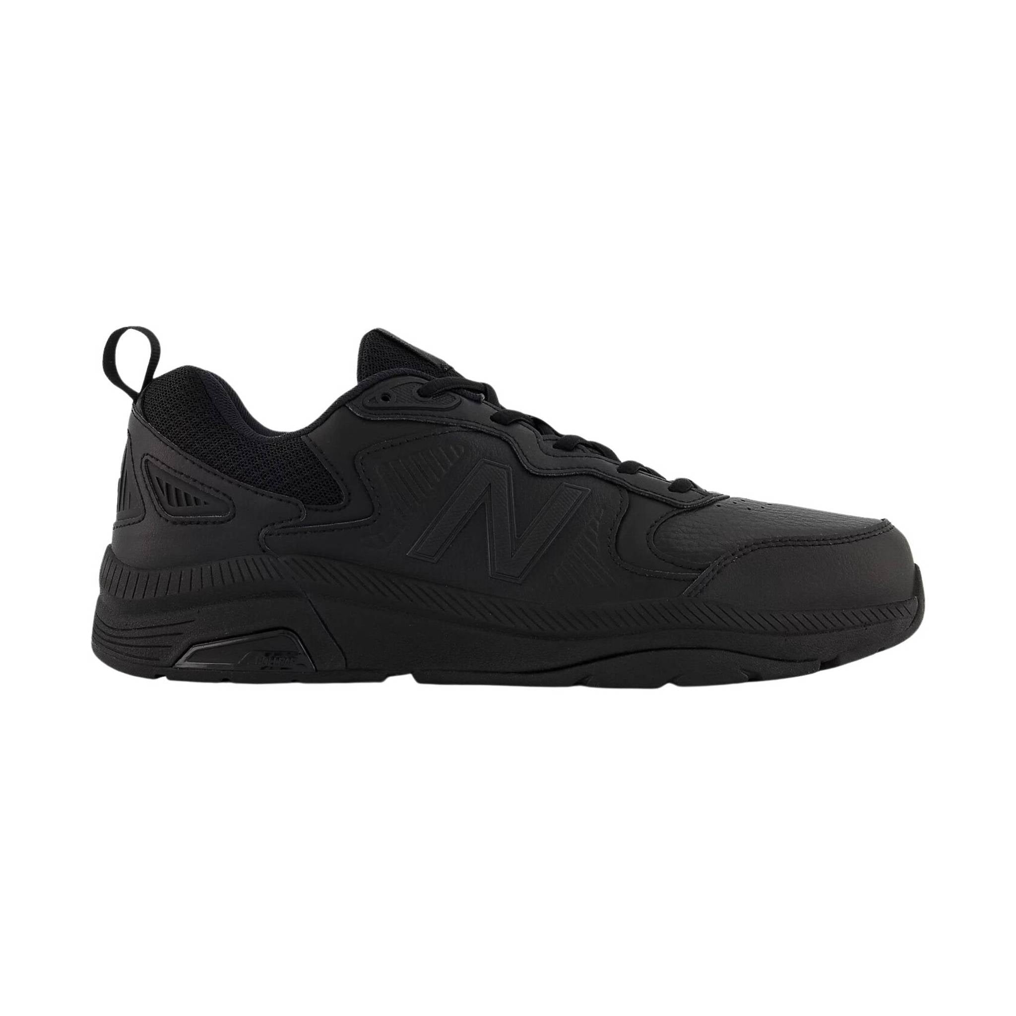 Side view on white background of Mens New Balance 857v3 running shoe in Black/Black/Black, Wide width