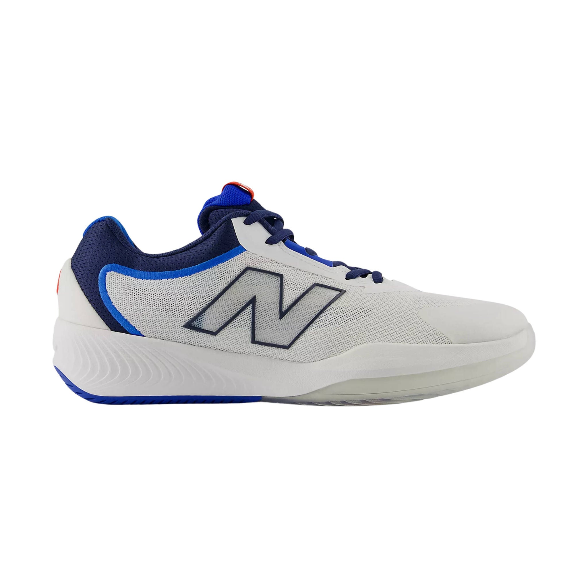 Side view on white background of Mens New Balance 996v6 running shoe in White/Nb Navy, Medium (Regular) width