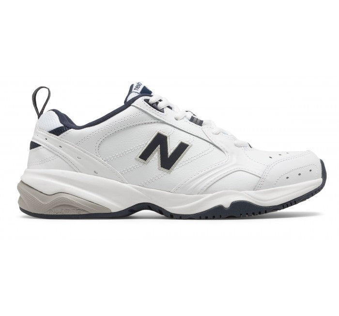 Side view on white background of Mens New Balance 624v2 running shoe in White/Navy, Extra Wide width