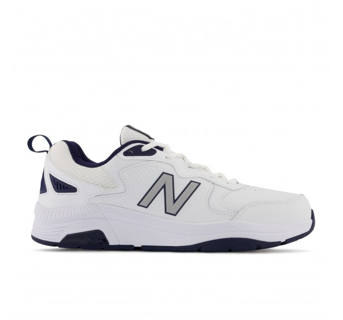 Side view on white background of Mens New Balance 857v3 running shoe in White/Navy/Raincloud, Extra Extra Wide width