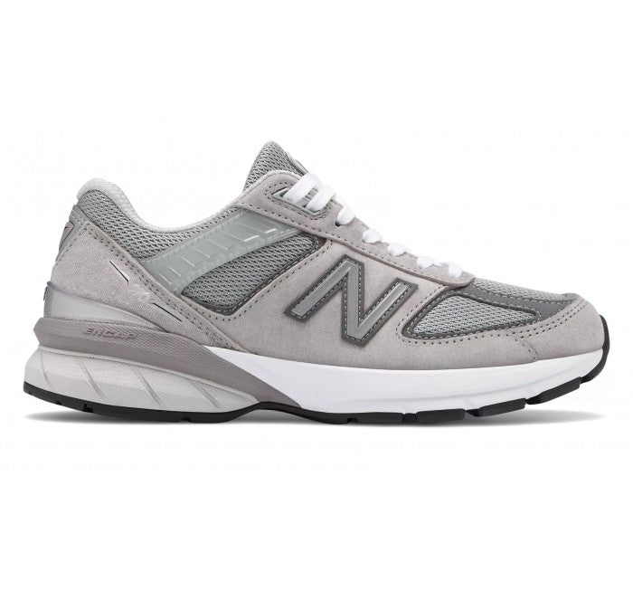 Side view on white background of Womens New Balance 990v5 running shoe in Grey/Castlerock, Narrow width