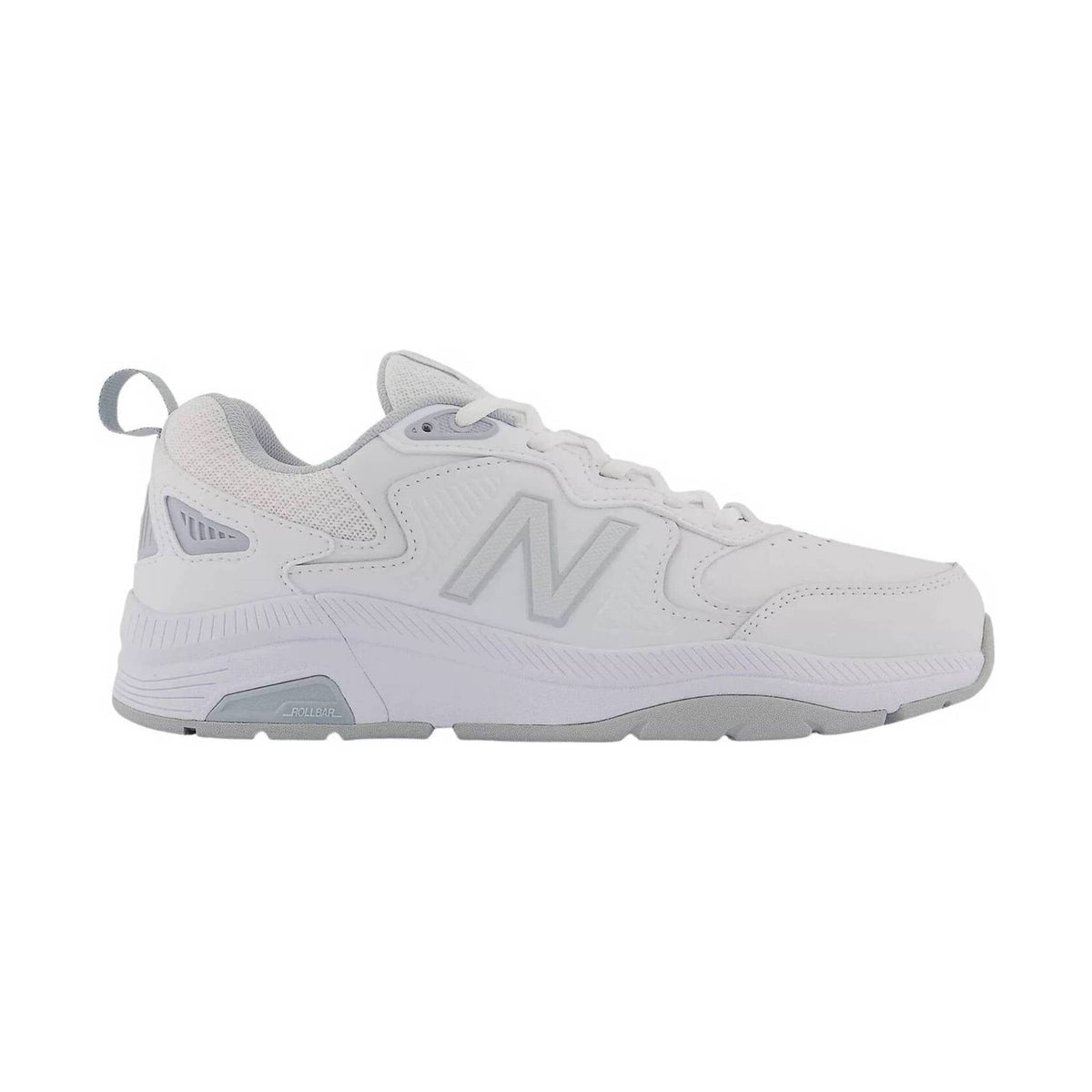 Side view on white background of Womens New Balance 857v3 running shoe in White/Cyclone, Extra Extra Wide width