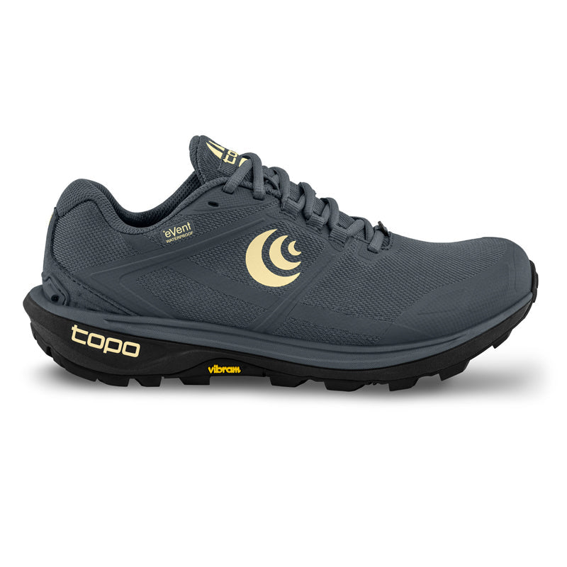 Side view on white background of Womens Topo Athletic Terraventure 4 Waterproof running shoe in Grey/Butter, Medium (Regular) width
