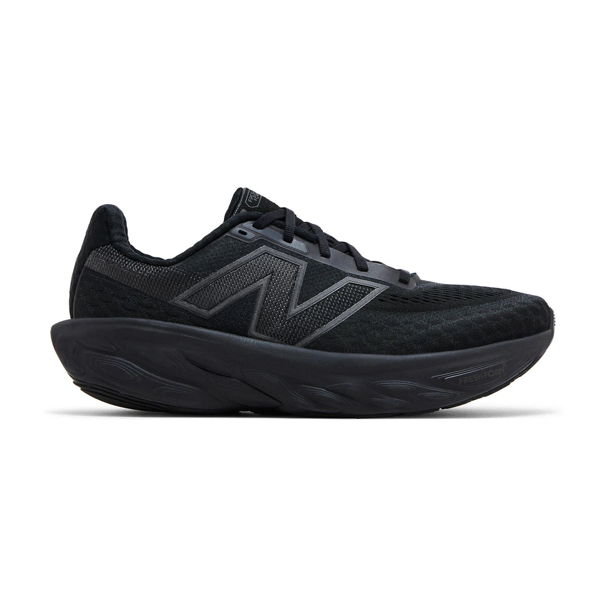 Side view on white background of Mens New Balance Fresh Foam X 1080v14 running shoe in Black/Black Metallic/Phantom, Medium (Regular) width