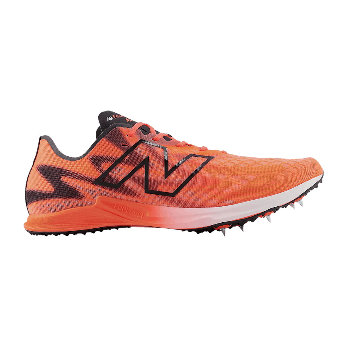 Side view on white background of Womens New Balance FuelCell SuperComp XC-X running shoe in Neon Dragonfly/Blaze Orange, Medium (Regular) width
