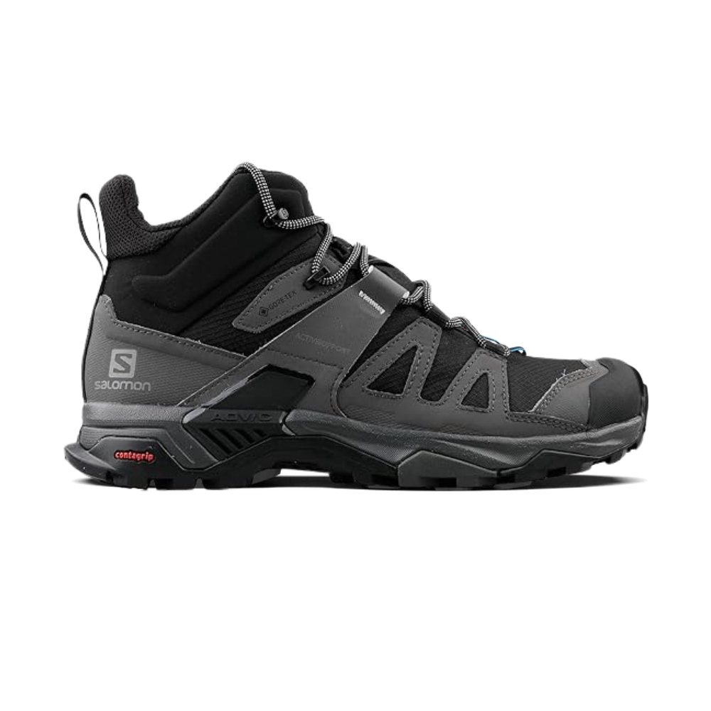 Side view on white background of Mens Salomon X Ultra 4 Mid GTX running shoe in Black/Magnet/Pearl Blue, Medium (Regular) width
