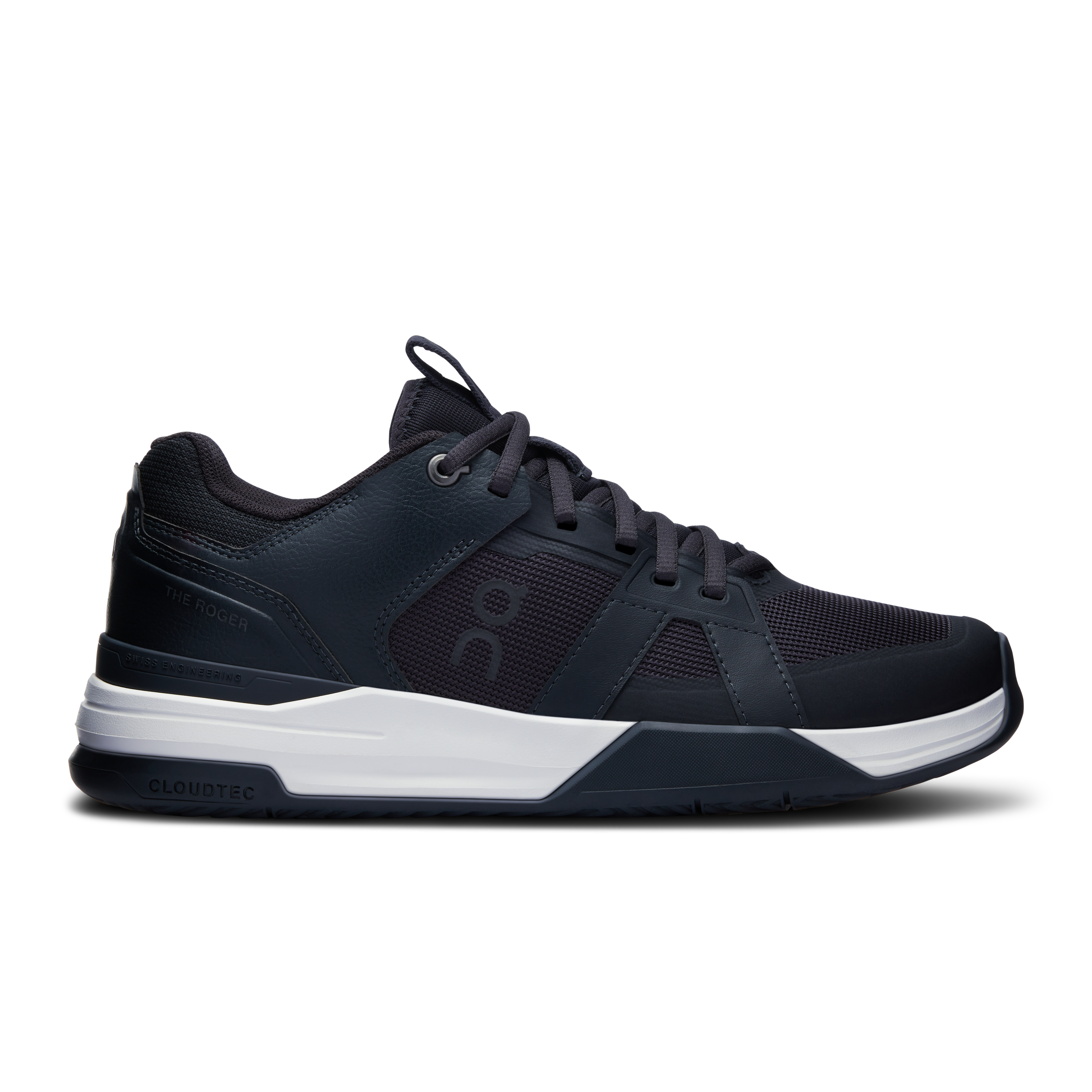 Side view on white background of Womens On The Roger Clubhouse Pro running shoe in Black/White, Medium (Regular) width