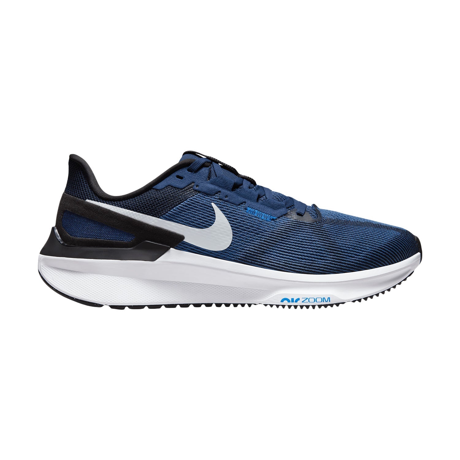 Side view on white background of Mens Nike Structure 25 running shoe in Midnight Navy/Pure Platinum, Medium (Regular) width