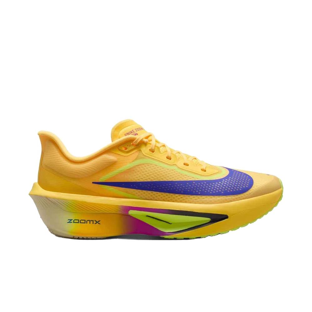 Side view on white background of Mens Nike Zoom Fly 6 running shoe in Citron Pulse/Indigo Burst-Volt Ice, Medium (Regular) width