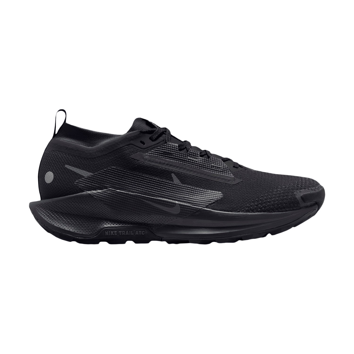 Side view on white background of Mens Nike Pegasus Trail 5 GTX running shoe in Black/Black-Anthracite, Medium (Regular) width