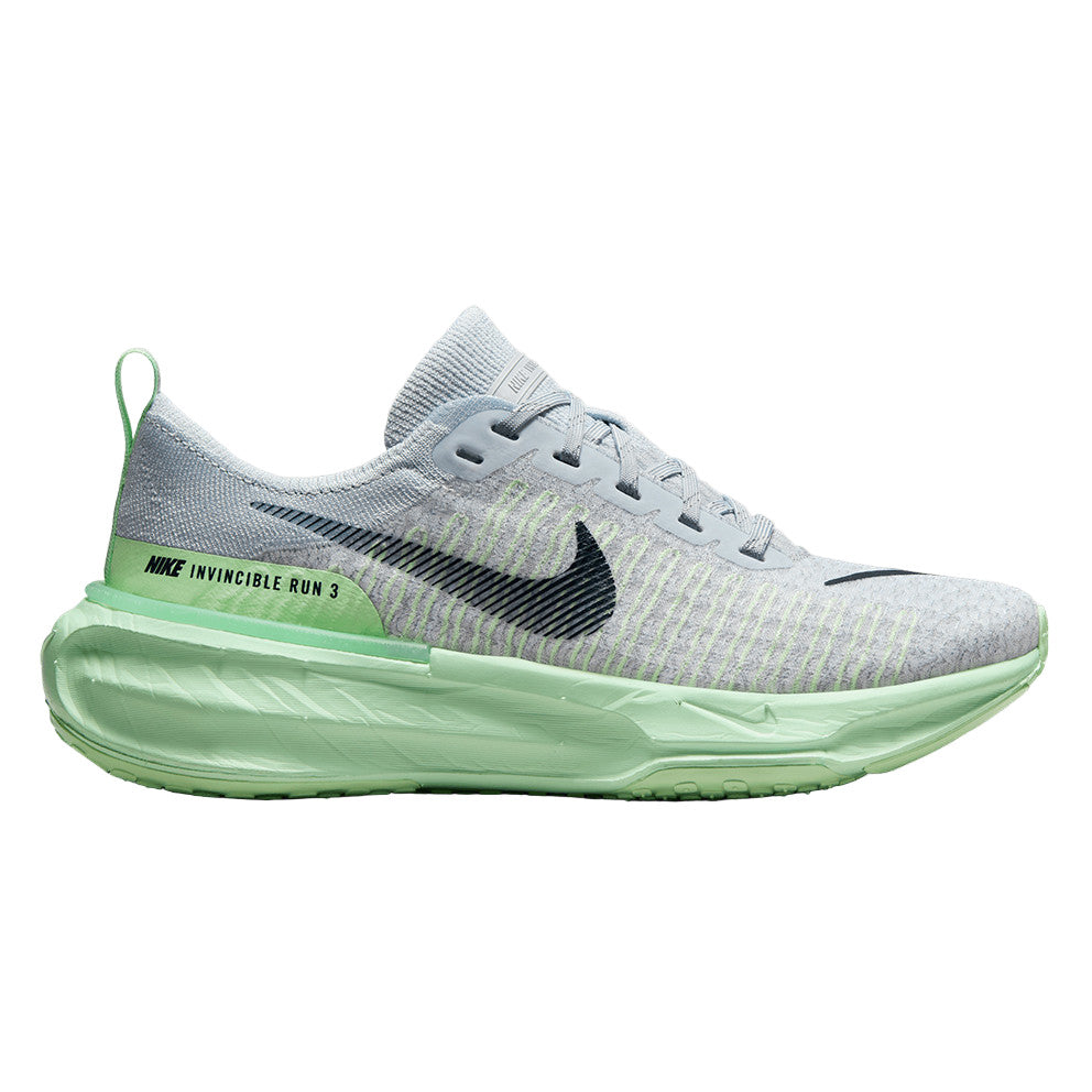 Side view on white background of Womens Nike Invincible 3 running shoe in Pure Platinum/Cool Grey/Vapor Green/Dark Obsidian, Medium (Regular) width