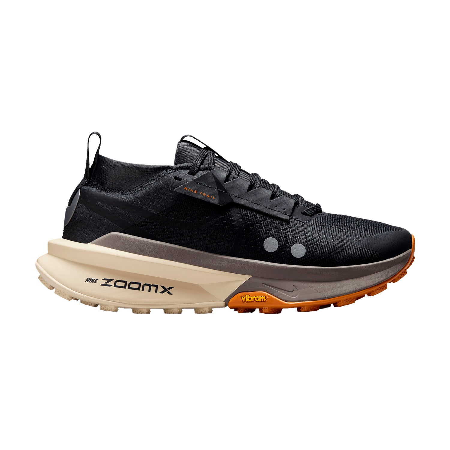 Side view on white background of Womens Nike ZoomX Zegama Trail 2 running shoe in Off Noir/Black-Monarch, Medium (Regular) width