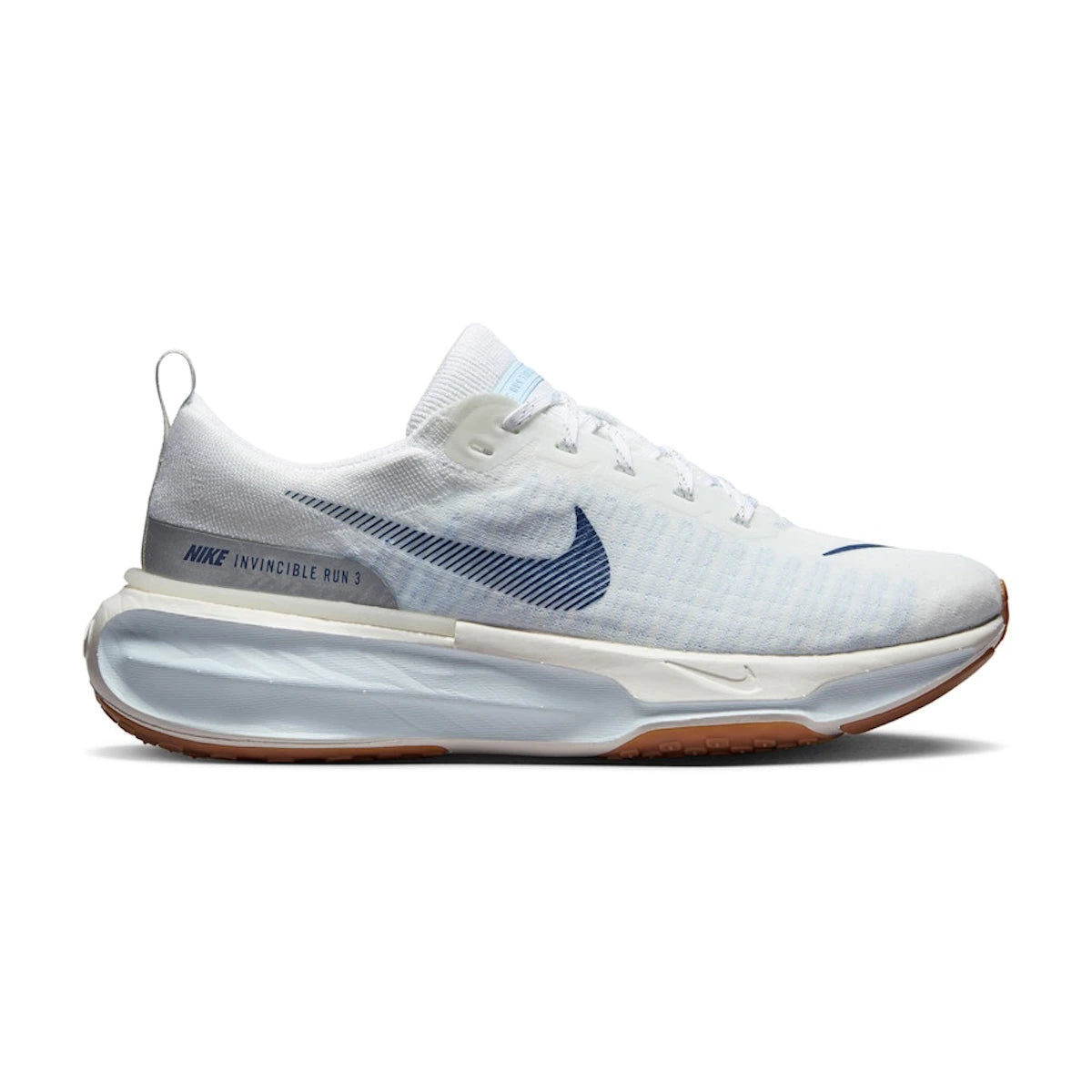 Side view on white background of Mens Nike Invincible 3 running shoe in White/Blue Void-Tint Sail, Medium (Regular) width
