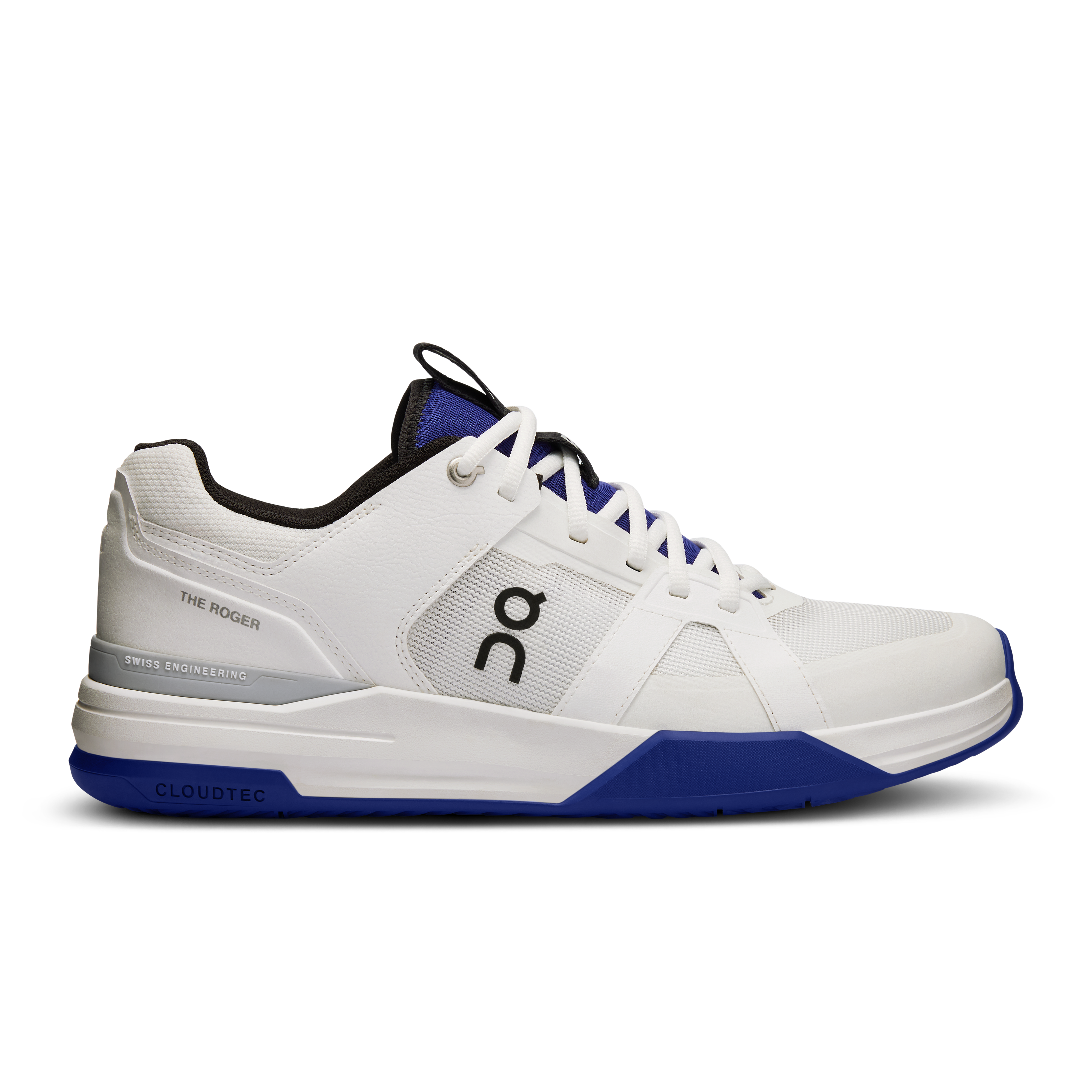 Side view on white background of Mens On The Roger Clubhouse Pro running shoe in Undyed/Indigo, Medium (Regular) width