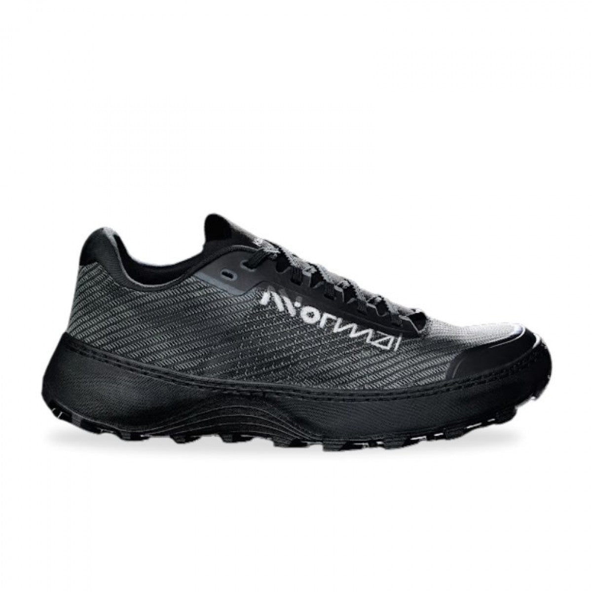 Side view on white background of Womens Nnormal Kboix 01 running shoe in Black, Medium (Regular) width