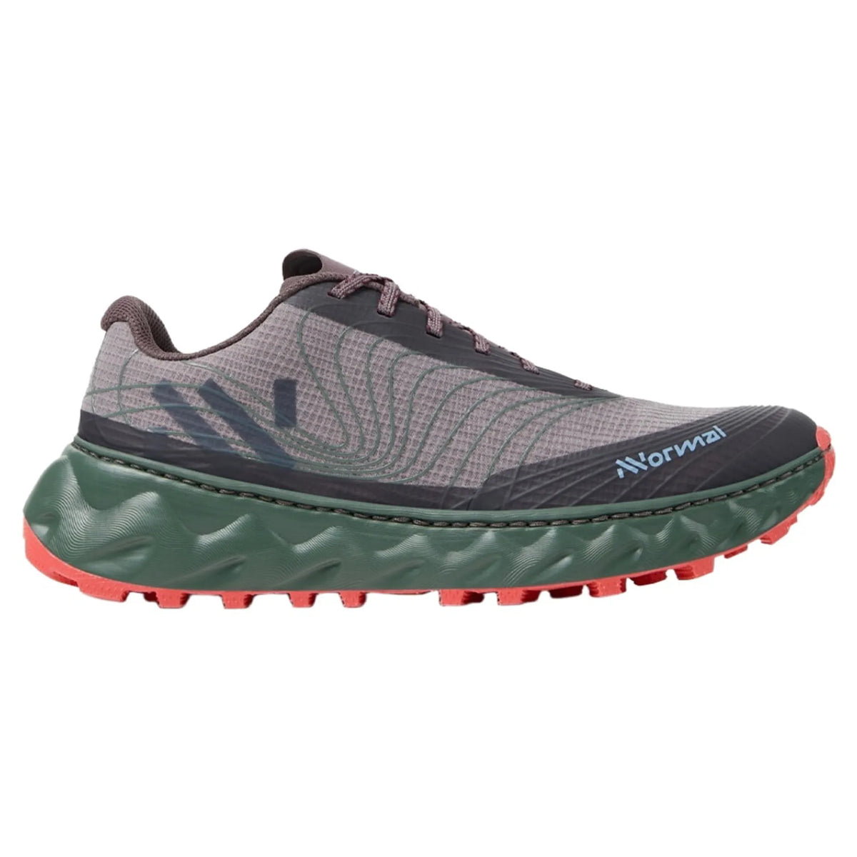 Side view on white background of Womens Nnormal Tomir 02 NN running shoe in Burgundy, Medium (Regular) width