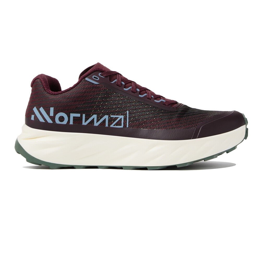 Side view on white background of Mens Nnormal Kjerag 02 running shoe in Burgundy, Medium (Regular) width
