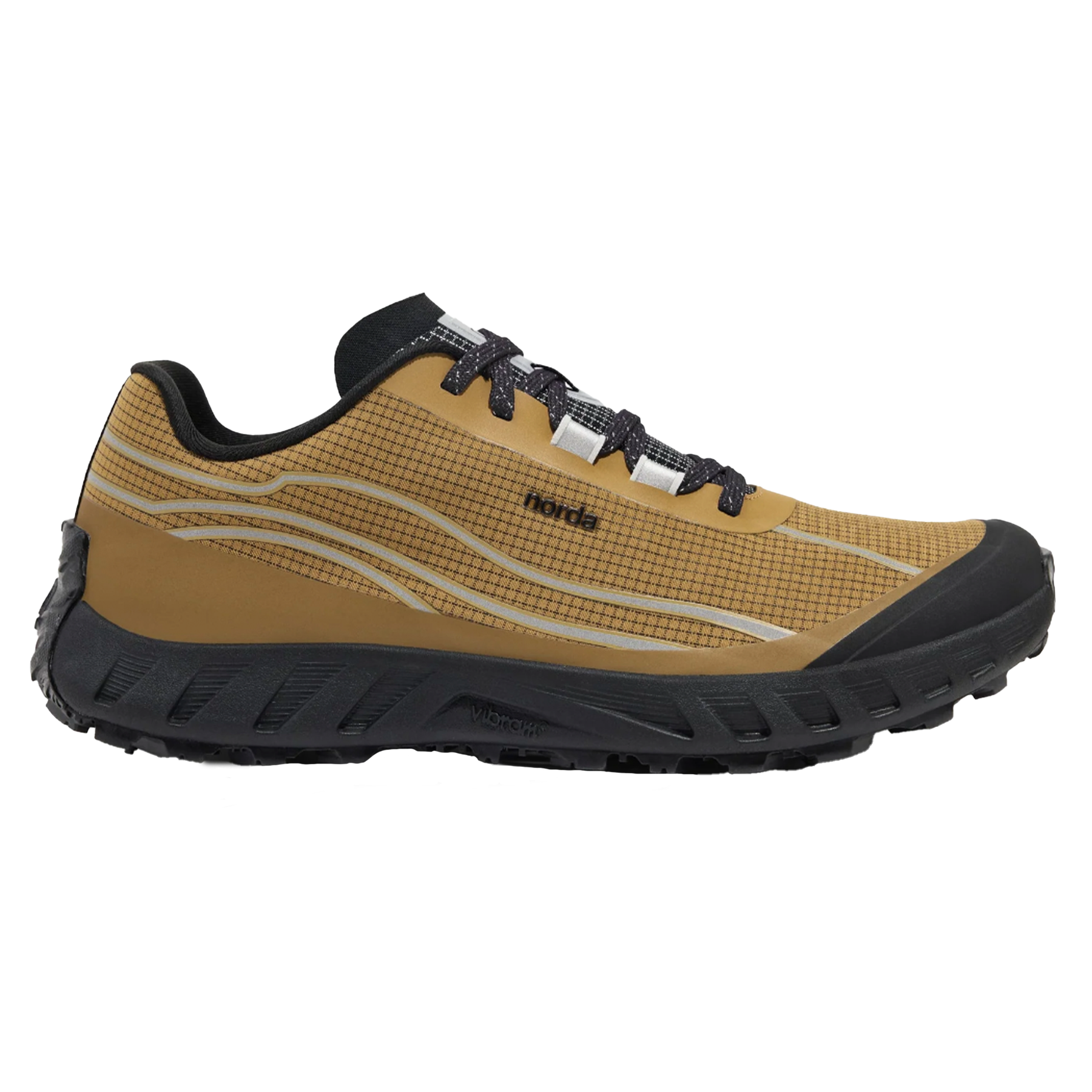Side view on white background of Mens Norda 002 running shoe in Oak, Medium (Regular) width