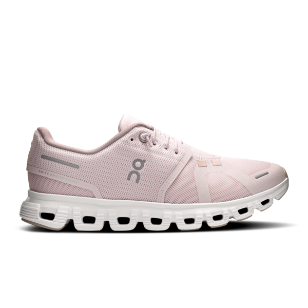 Side view on white background of Womens On Cloud 6 running shoe in Orchid/Fade, Medium (Regular) width