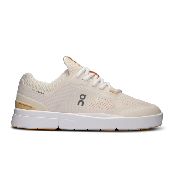 Side view on white background of Womens On The Roger Spin 2 running shoe in Dew/Savannah, Medium (Regular) width