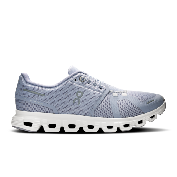Side view on white background of Womens On Cloud 6 running shoe in Nimbus/White, Medium (Regular) width
