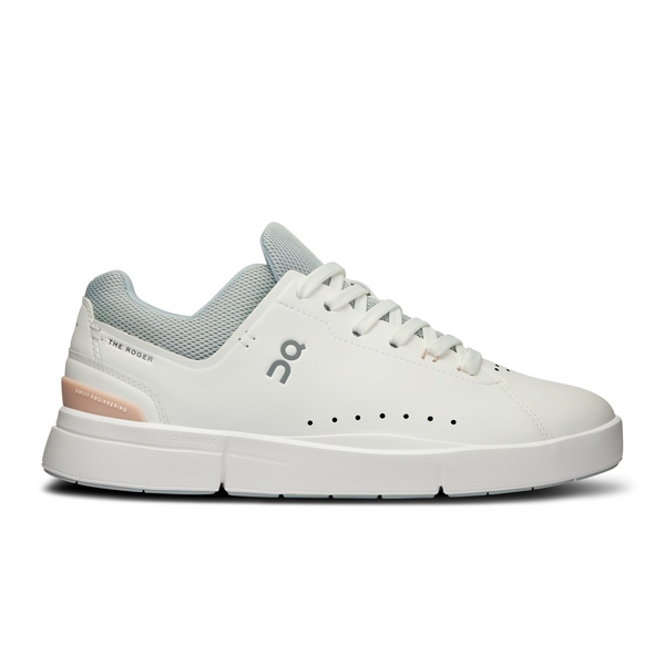 Side view on white background of Womens On The Roger Advantage 2 running shoe in White/Rosehip, Medium (Regular) width