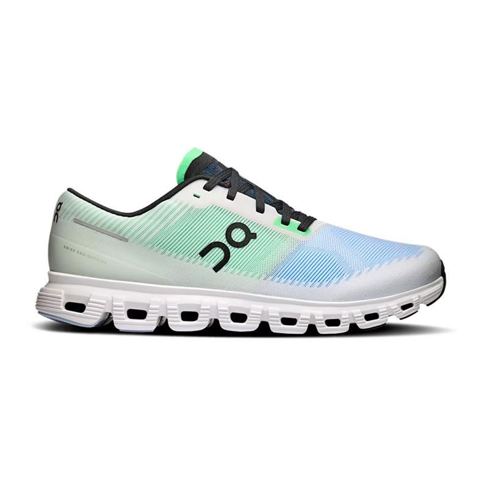 Side view on white background of Womens On Cloud 6 Push running shoe in Horizon/Honeydew, Medium (Regular) width
