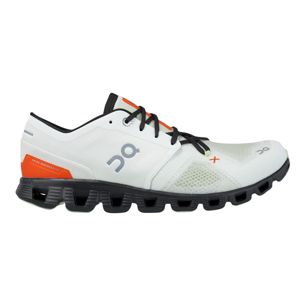 Side view on white background of Mens On Cloud X 3 running shoe in Ivory/Flame, Medium (Regular) width
