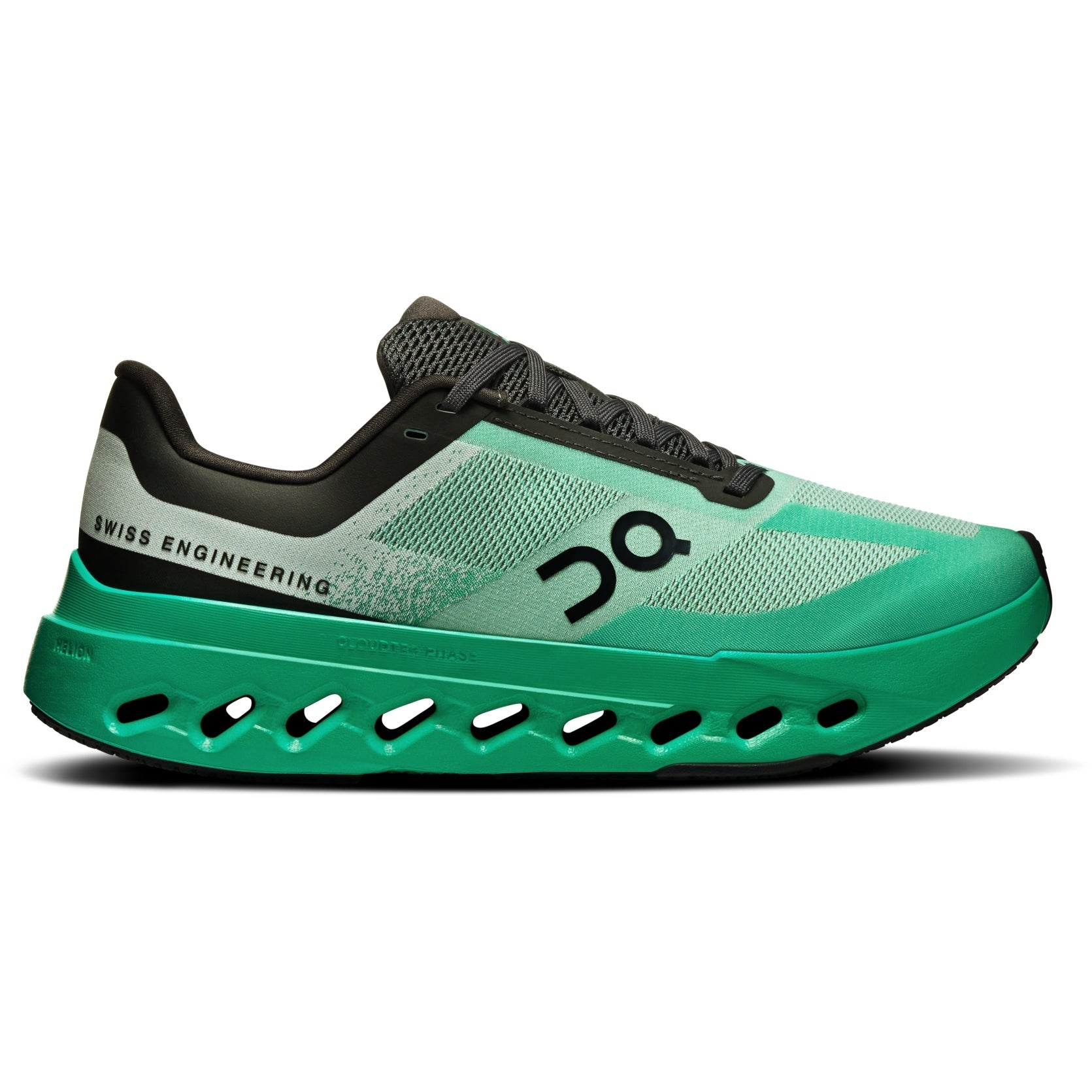 Side view on white background of Womens On Cloudsurfer Next running shoe in Mint/Black, Medium (Regular) width