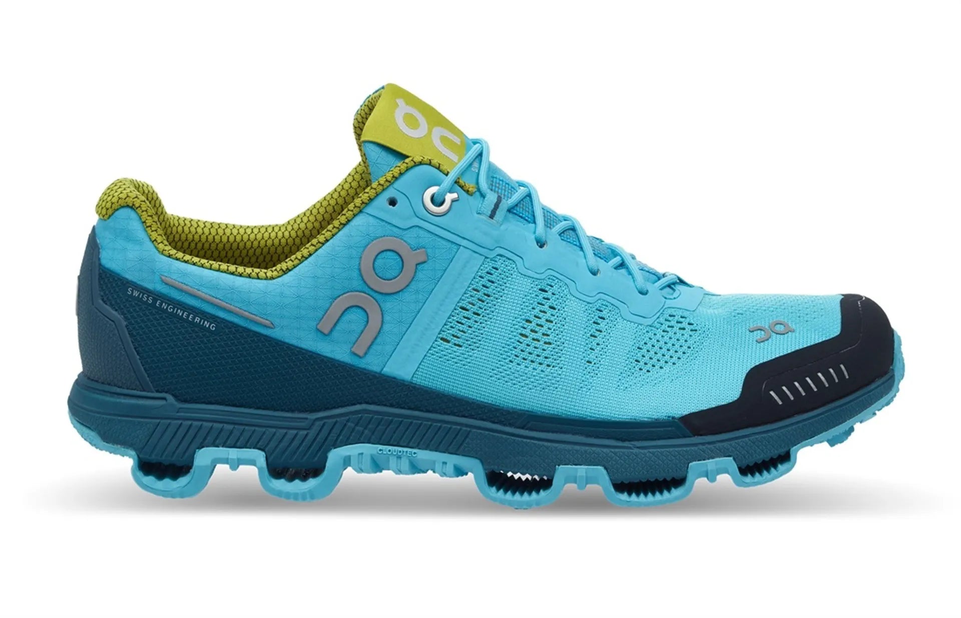 Side view on white background of Womens On Cloudventure running shoe in Horizon/Sulphur, Medium (Regular) width