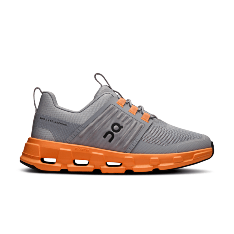 Side view on white background of Kids On  shoe in Alloy/Tangerine, Medium (Regular) width