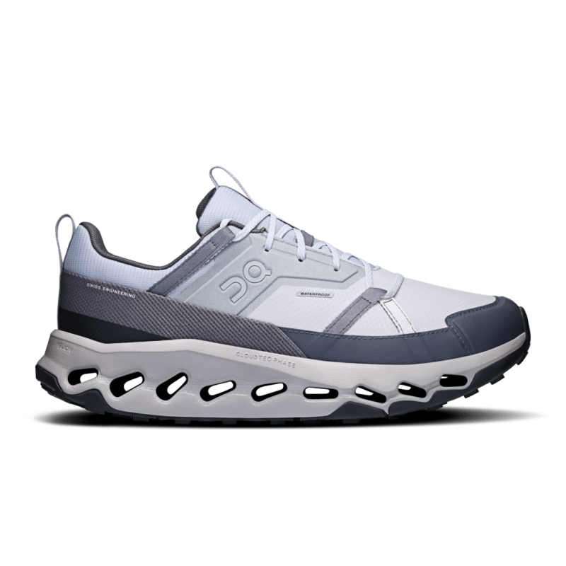 Side view on white background of Mens On Cloudhorizon Waterproof running shoe in Glacier/Alloy, Medium (Regular) width
