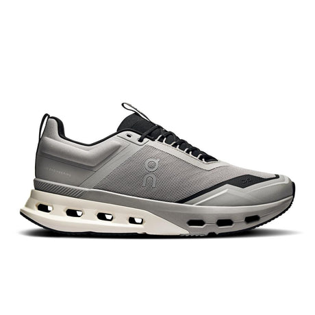 Side view on white background of Mens On Cloudnova X running shoe in Alloy/Black, Medium (Regular) width