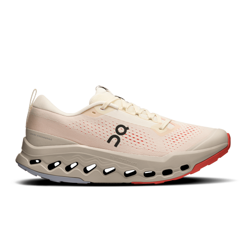 Side view on white background of Mens On Cloudsurfer Trail 2 running shoe in Ivory/Ghost, Medium (Regular) width