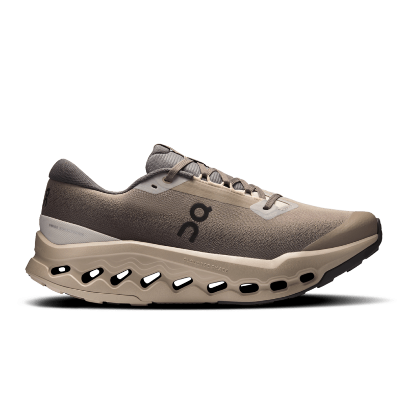 Side view on white background of Mens On Cloudsurfer Trail 2 Waterproof running shoe in Cinder/Desert, Medium (Regular) width
