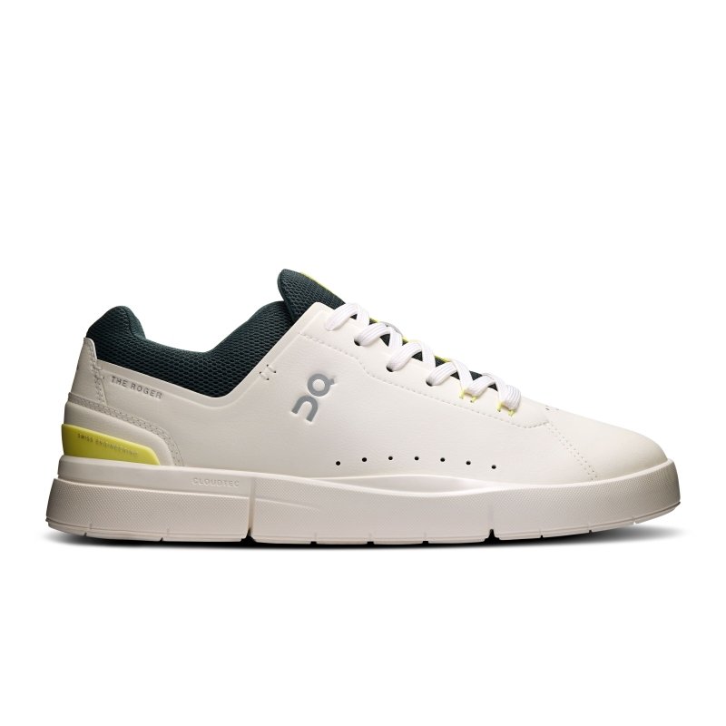 Side view on white background of Mens On The Roger Advantage 2 running shoe in Ivory/Evergreen, Medium (Regular) width