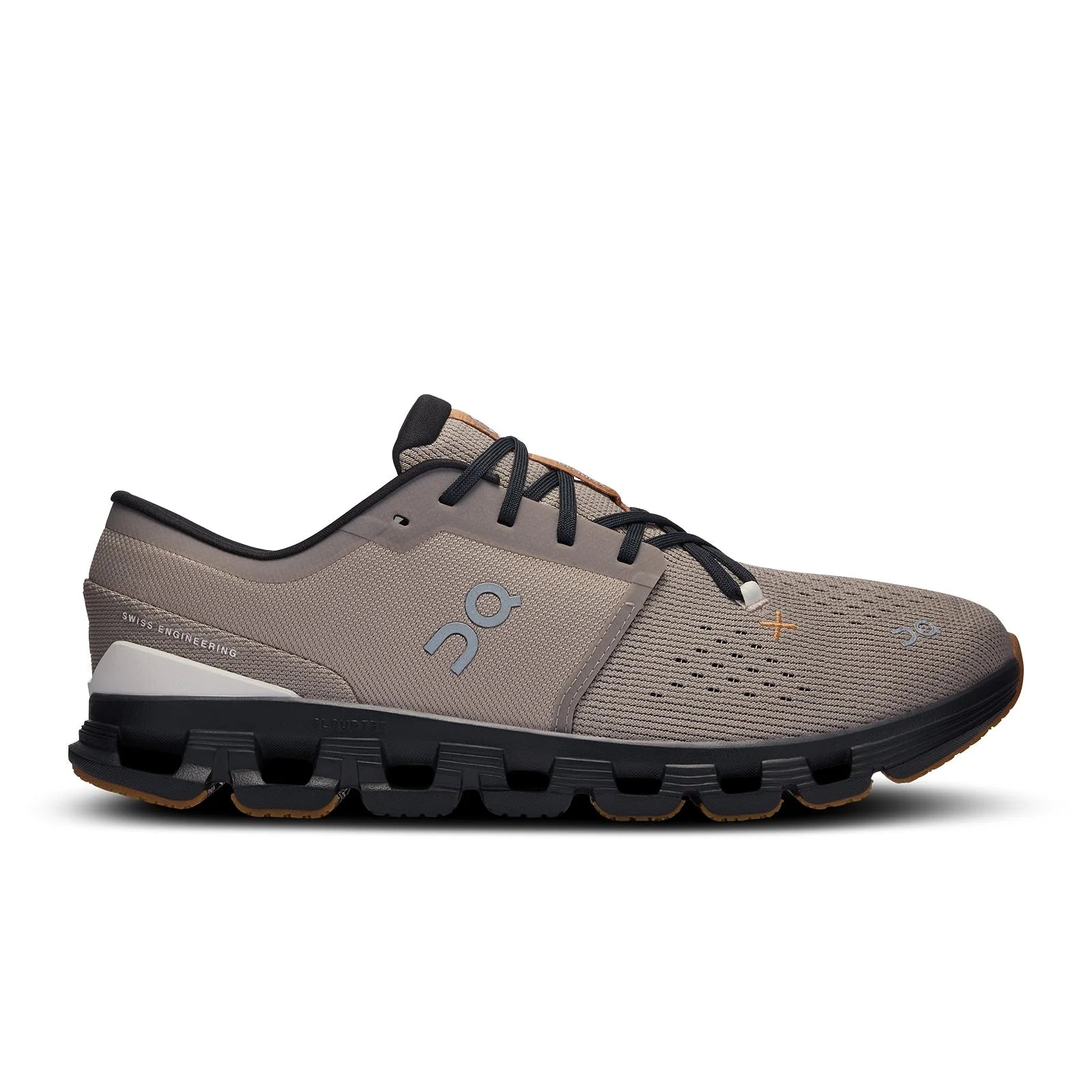 Side view on white background of Mens On Cloud X 4 running shoe in Fog/Black, Medium (Regular) width