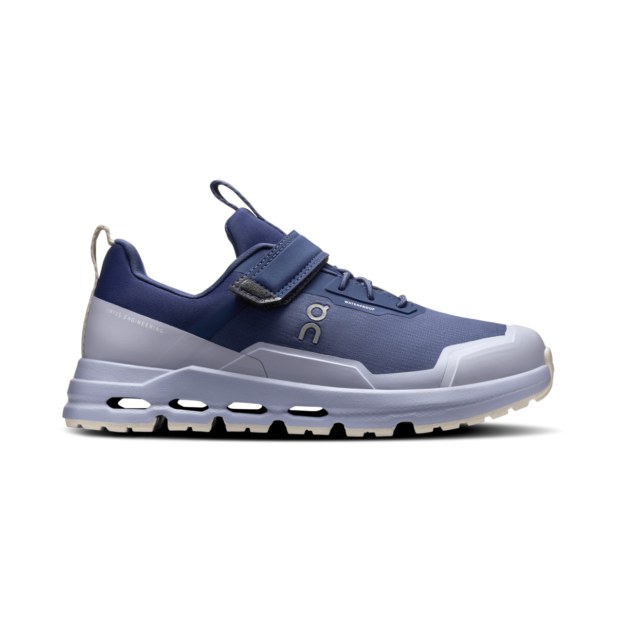 Side view on white background of Kids On Cloudhero Waterproof running shoe in Nimbus/Acai, Medium (Regular) width
